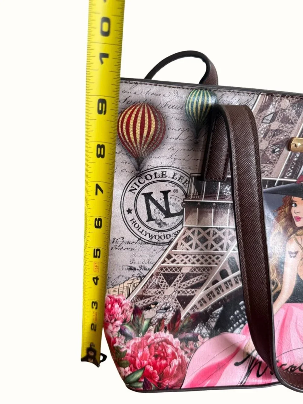 Nicole Lee Paris Print Tote Wristlet Set Eiffel Tower Design Brown Handles